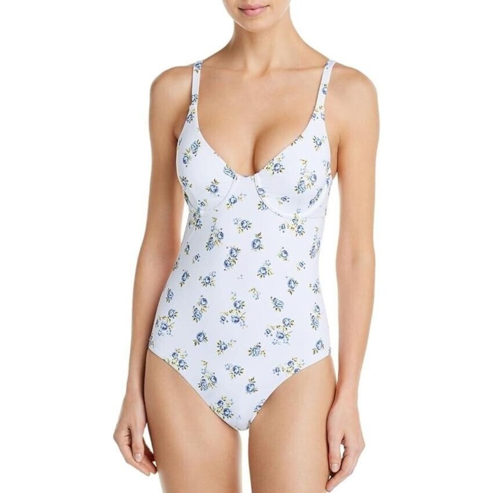 NWT One Piece Swimsuit Large White Floral Aqua Swim Womens Smock Cups Open Back